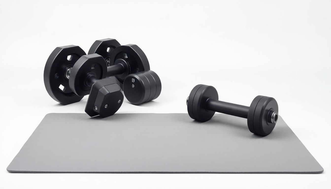 A clean, minimalist studio photograph featuring a set of modern free weights and an exercise mat in shades of gray and black, conceptually representing the competitive shifts in the fitness industry.