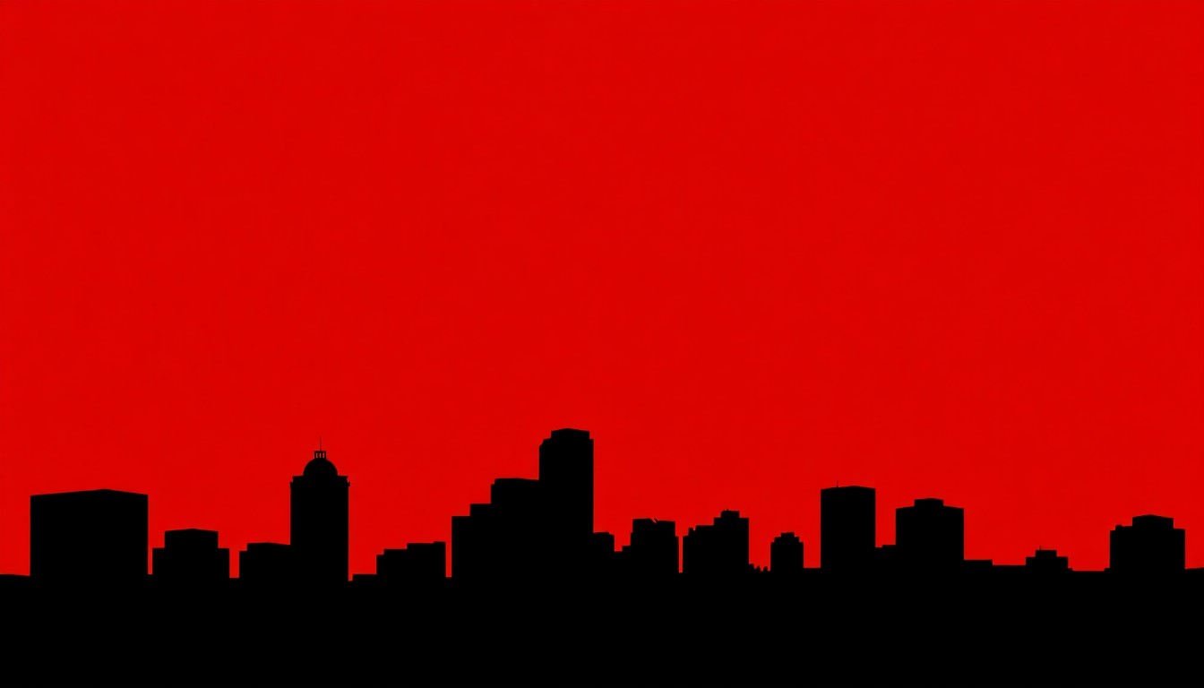 A striking abstract illustration featuring sharp, angular black shapes representing the cityscape of San Antonio, set against a vibrant red background, conveying the energy and importance of expanded local news coverage.