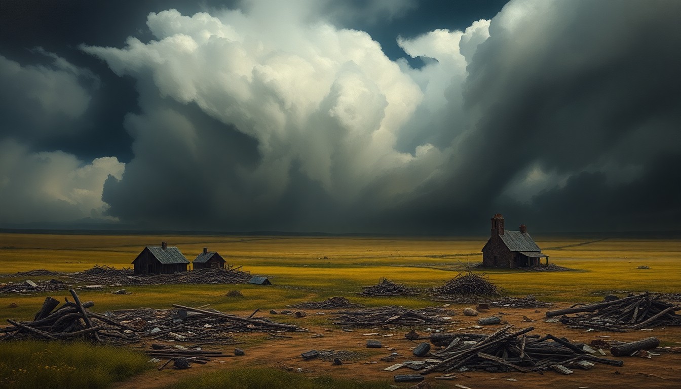 A dramatic landscape painting in muted earth tones, with a massive, swirling tornado obscuring the view of damaged buildings and debris-strewn fields, conveying the overwhelming power of the storm.