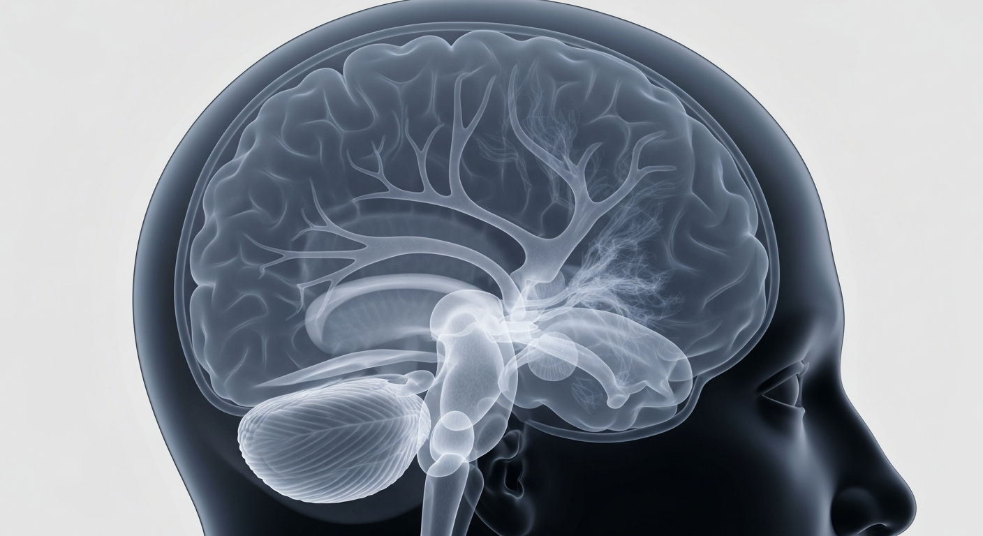A ghostly, translucent X-ray image revealing the intricate internal structures of a human brain, conceptually representing the complex nature of mental health and the challenges of using AI to manage it.