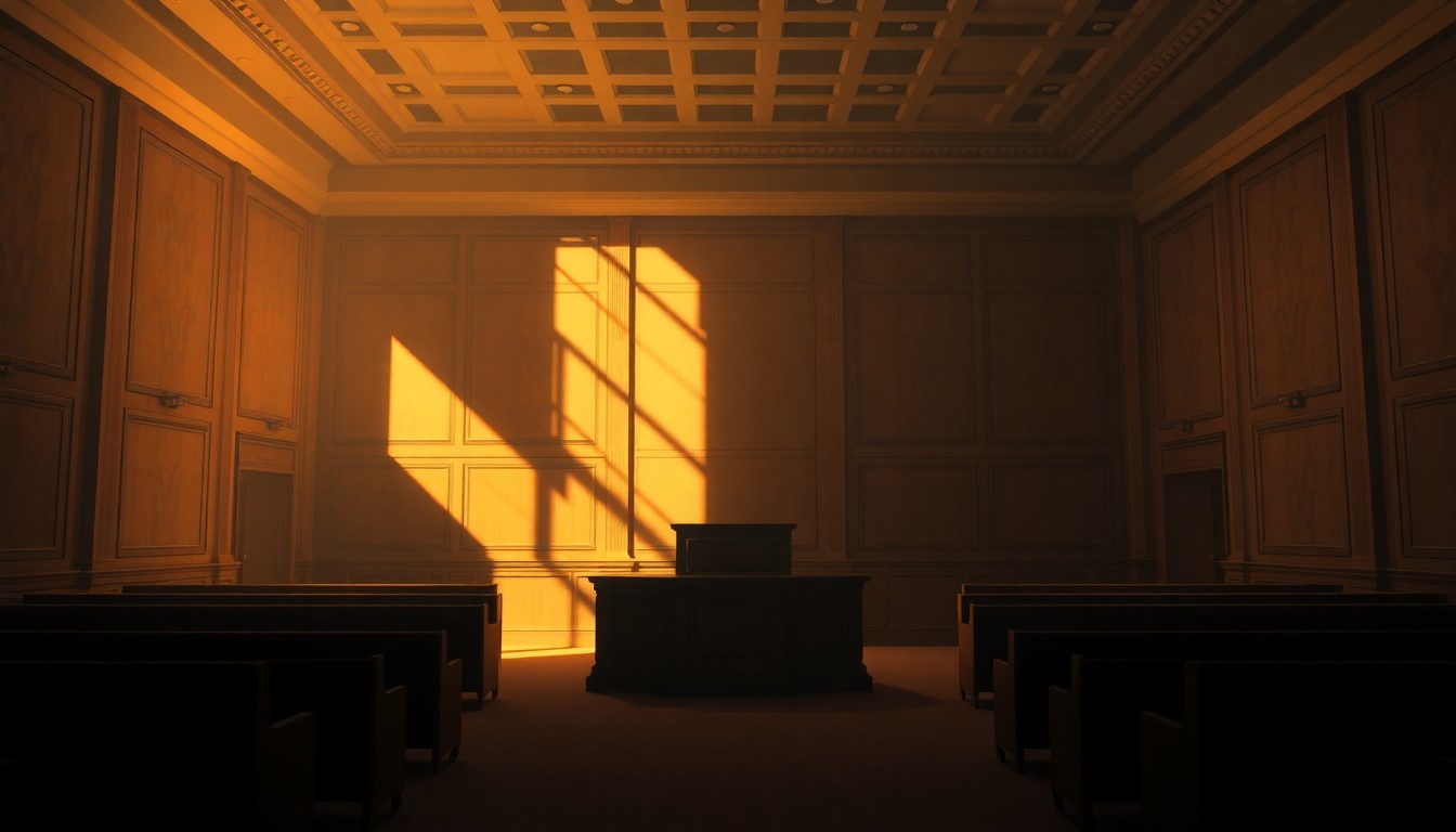 A dimly lit, cinematic painting of an empty city council chamber, with a solitary podium standing in the center of the room, bathed in warm, diagonal sunlight and deep shadows, conceptually representing the tensions and uncertainty surrounding the distribution of a controversial political pamphlet.