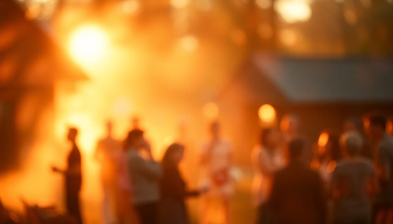 An extremely abstracted, out-of-focus photograph in warm hues of yellow, orange, and red, conceptually representing the joyful energy and community spirit of a small-town memorial gathering.