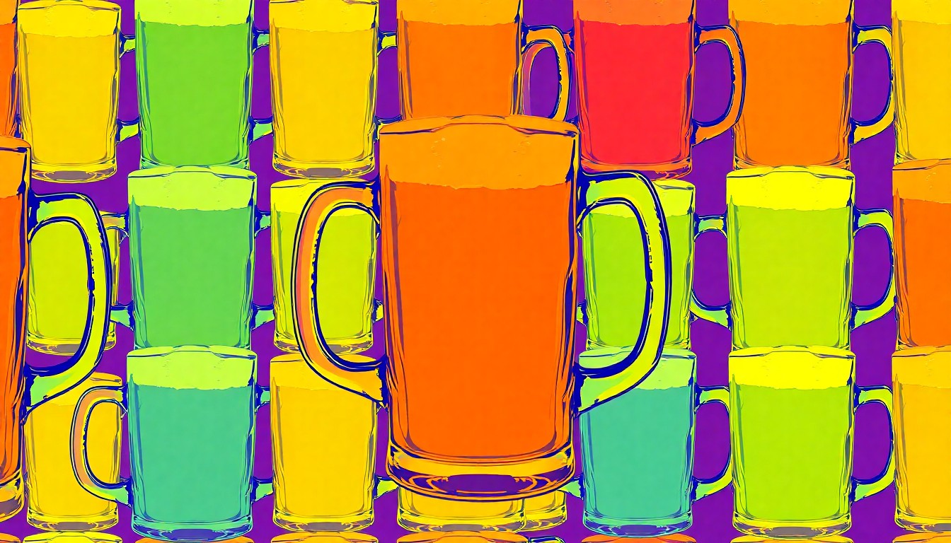 A vibrant, abstract silkscreen print featuring a repeated image of a beer glass in bold, neon colors, conceptually representing the revival of Williamsburg's social and nightlife scene.