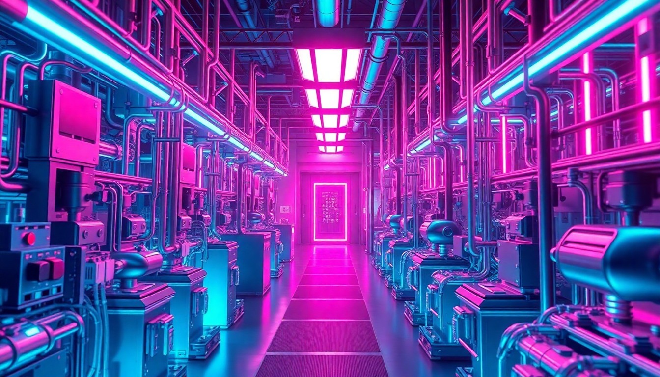 A highly detailed, glowing 3D illustration of a futuristic semiconductor fabrication facility, with intricate machinery, pipes, and cables illuminated by neon cyan and magenta lights, conveying a sense of advanced, high-tech industrial innovation.