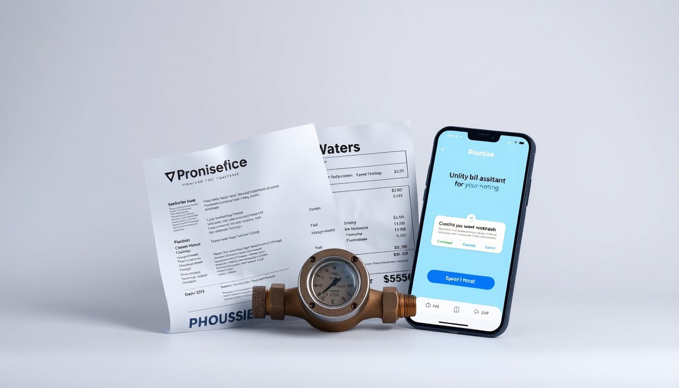 A photorealistic studio still life featuring a water meter, a water bill, and a smartphone displaying the Promise app interface, arranged elegantly on a clean, monochromatic background to conceptually represent utility bill assistance and customer outreach.