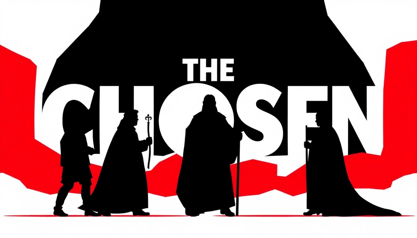 A bold, abstract illustration featuring stark black silhouettes and geometric shapes in high-contrast red and white, conceptually representing the biblical drama series 'The Chosen'.