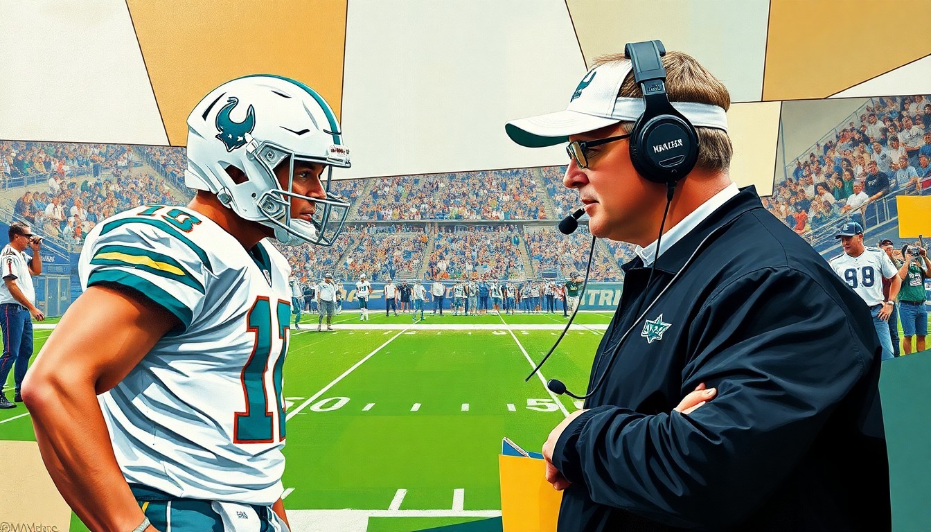 A cubist, geometric painting depicting a football game or coaching interaction, with sharp, overlapping planes of color and shape representing the strategic and emotional dynamics between the two coaches.