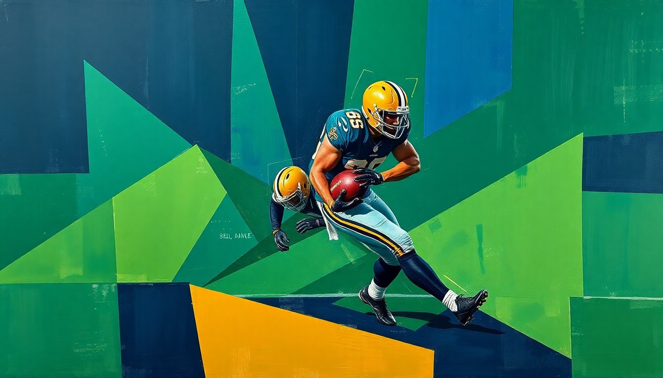 A cubist-style painting depicting a fragmented, geometric interpretation of a Saints running play, with sharp planes of navy, green, and gold representing the explosive energy of the team's backfield.