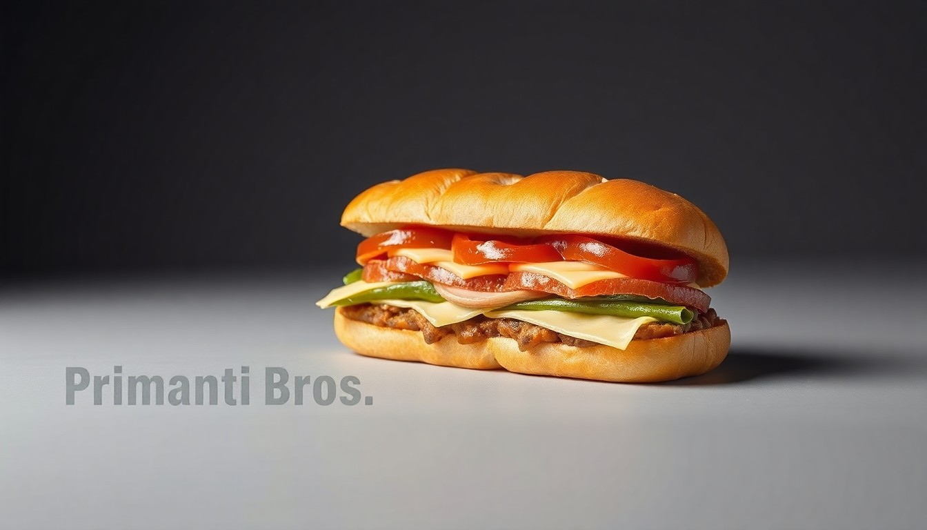 A photorealistic studio still-life photograph of a single Primanti Bros. sandwich, featuring layers of meat, cheese, french fries, coleslaw, and tomatoes on thick-cut bread, conceptually representing the brand's signature construction and attention to detail.