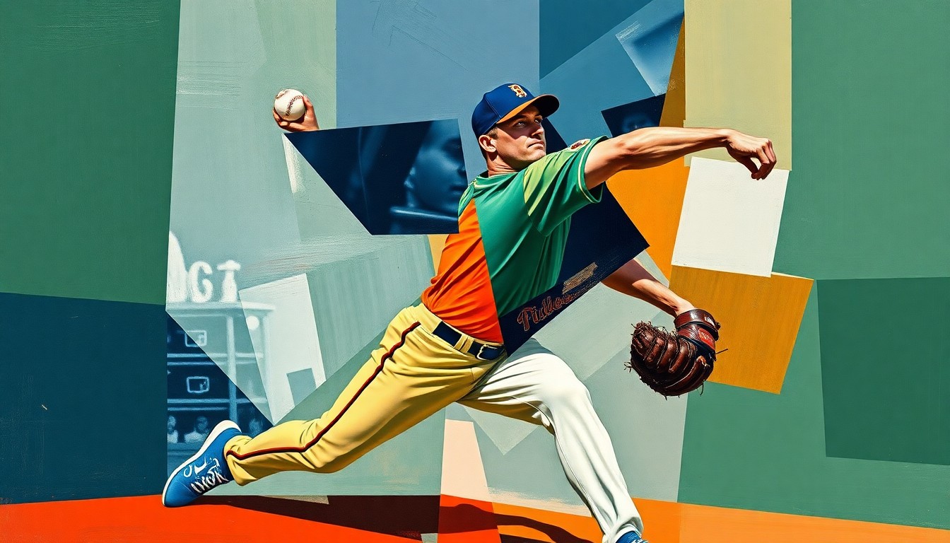 A cubist-style painting depicting a baseball pitcher's throwing motion broken down into fragmented, overlapping geometric shapes in shades of blue, green, and orange, conveying the disruption to the Cubs' pitching staff.