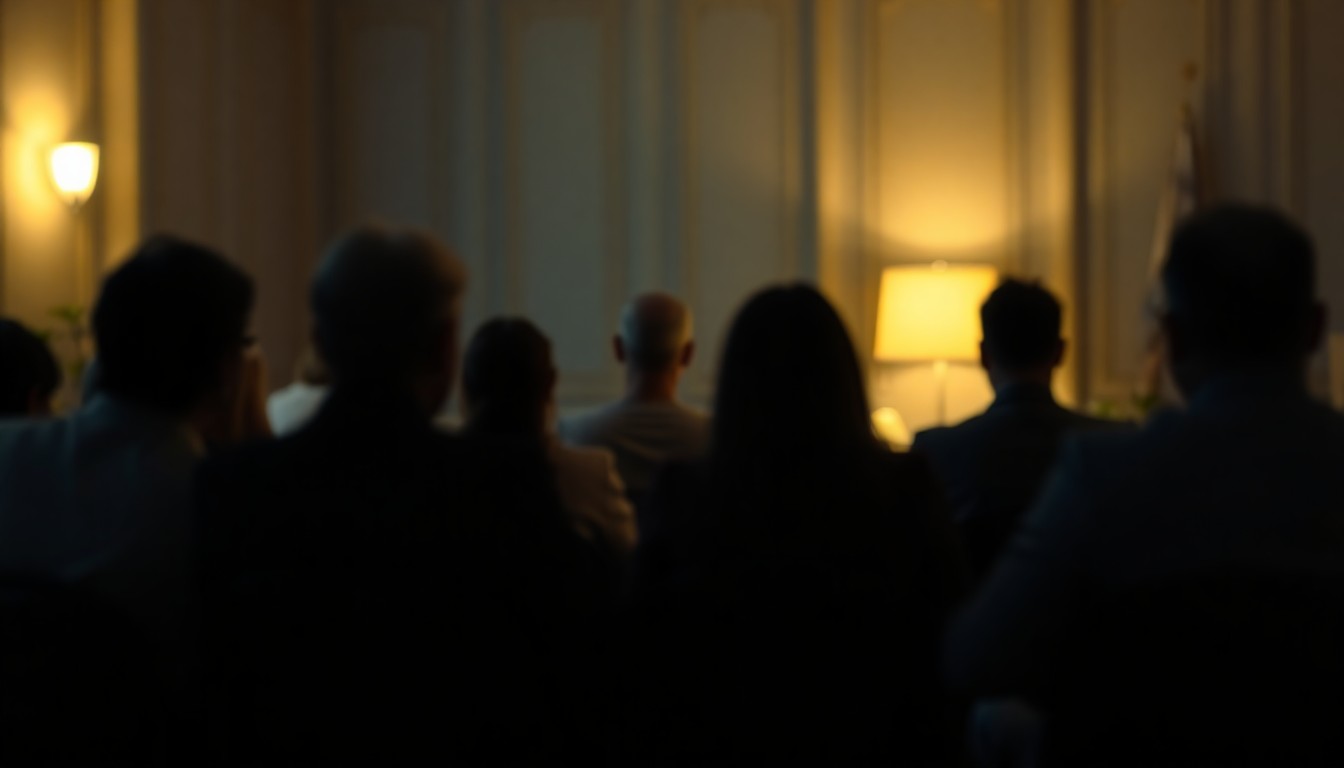 A softly blurred, abstract scene of people gathered in a dimly lit room, their faces obscured but their body language conveying a sense of emotional support and community, conceptually representing the compassionate environment of a grief support group.