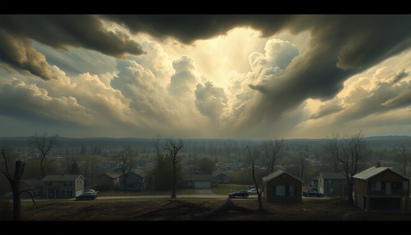 A sweeping, atmospheric landscape painting depicting a tornado-damaged Union City neighborhood, with fallen trees and damaged structures dwarfed by the overwhelming scale of the natural disaster.