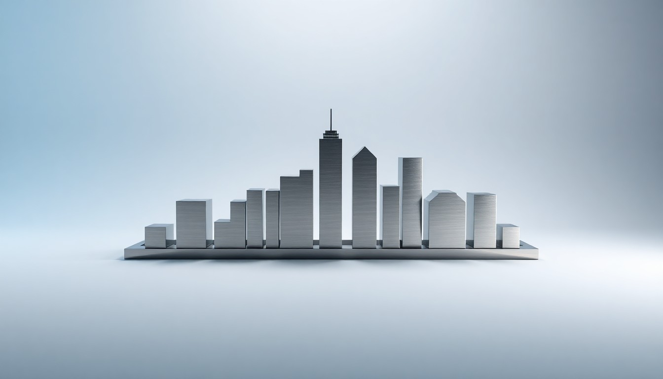 A highly reflective, geometric metal sculpture in the shape of the Huntsville skyline, resting on a clean, monochromatic background and illuminated by dramatic studio lighting, conceptually representing the city's evolving business landscape.