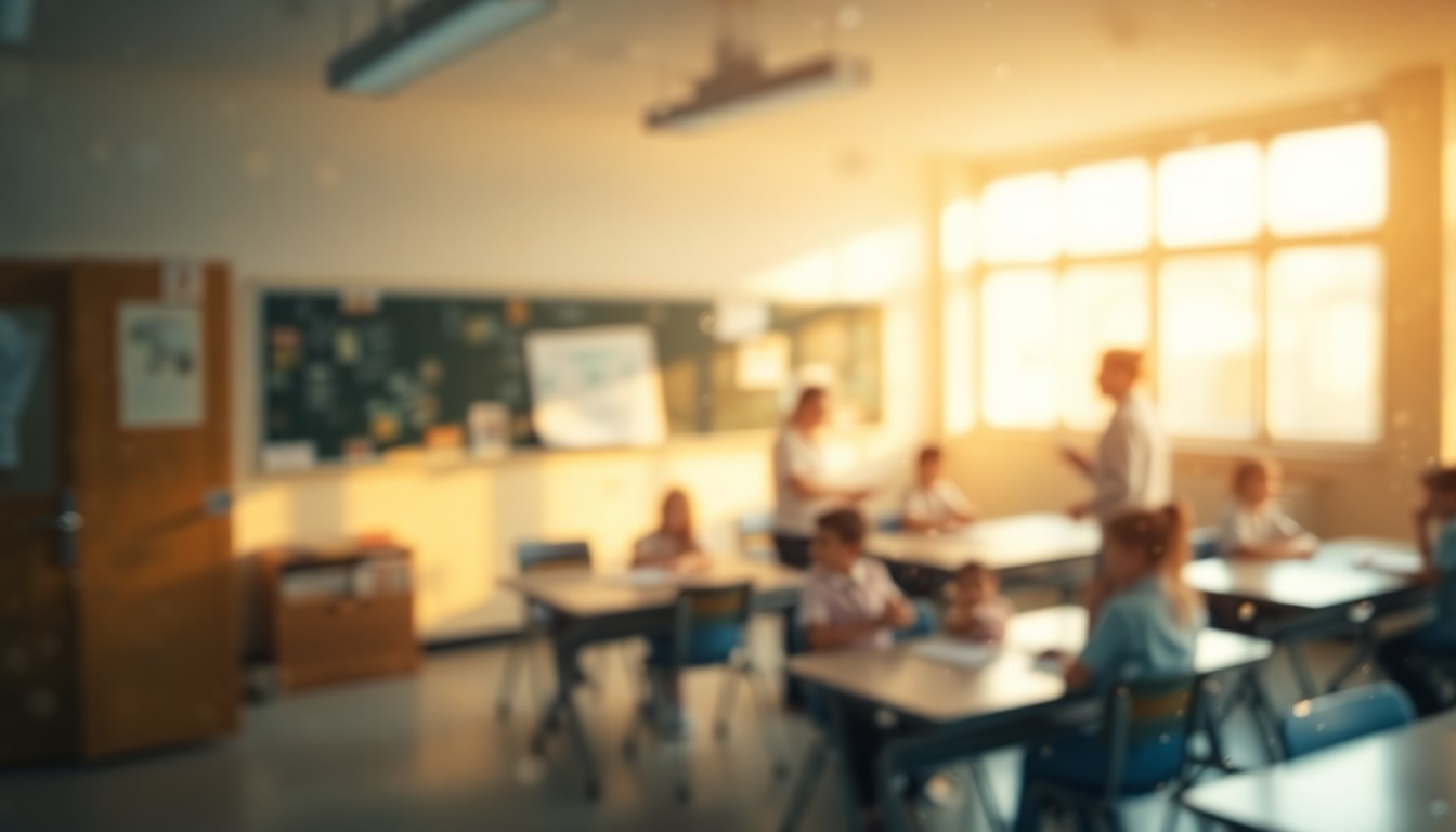 An abstract, impressionistic scene of a blurred school building or classroom, with indistinct figures of students and teachers visible through a hazy, rain-streaked lens, conveying a sense of community engagement and the search for an educational leader.