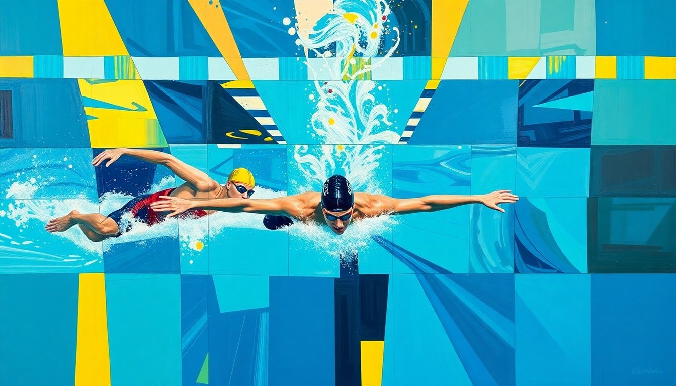 A cubist-style painting depicting a swimming competition or training session, with the athletes and pool broken down into sharp, overlapping geometric shapes in shades of blue, green, and yellow, conveying the dynamic energy and movement of the sport.