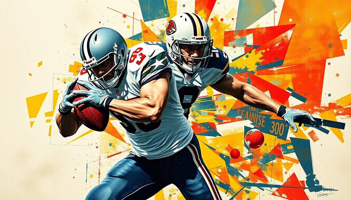 A fragmented, geometric painting depicting the powerful movements of a defensive tackle making a tackle, with sharp, overlapping planes of color and form conveying the conceptual challenges of acquiring elite defensive talent.