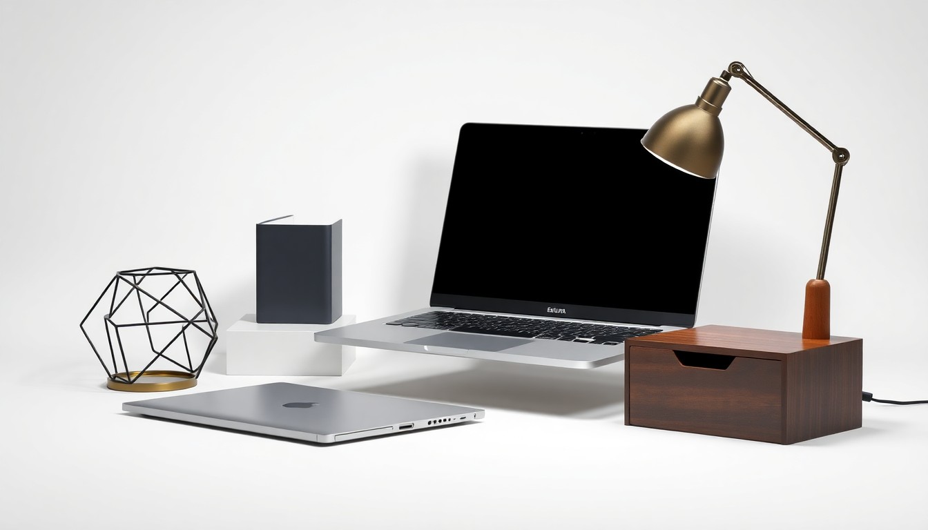 A photorealistic studio still-life featuring a sleek laptop, geometric desk organizer, and minimalist lamp, representing the sophisticated workplace technology solutions provided by Eptura.