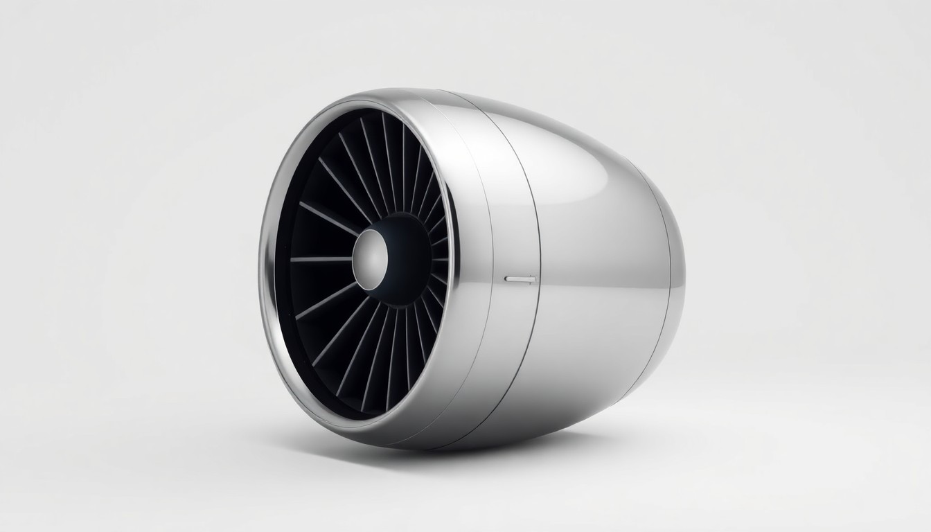 A highly detailed, photorealistic studio photograph of a polished silver private jet engine component, reflecting the studio lighting and resting on a clean, monochromatic background, conceptually representing the precision and quality of APP Jet Center's aviation services.