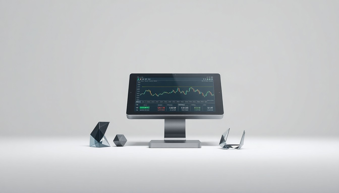 A high-end, minimalist studio photograph featuring a sleek, metallic trading terminal with a glowing digital display, surrounded by premium geometric objects made of polished materials like glass and steel, conceptually representing the advanced technology and precision of the new AI-powered trading platform.