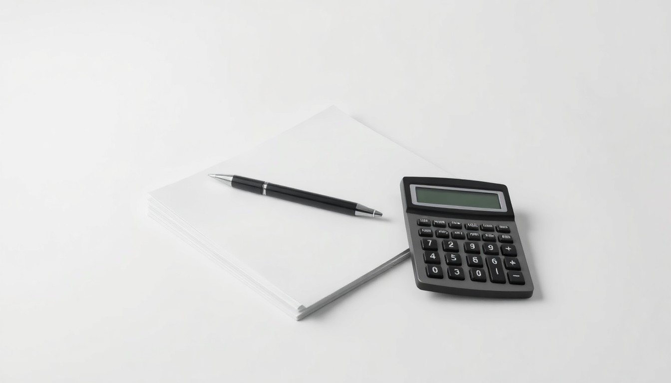 A minimalist, photorealistic studio still life featuring a stack of financial documents, a pen, and a calculator arranged on a clean, monochromatic background, symbolizing the abstract concepts of corporate strategy and finance.