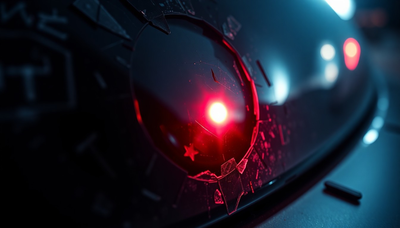 An extreme close-up photograph of a shattered car sensor lens reflecting a faint red light, conceptually illustrating the aftermath of a violent encounter between law enforcement and a civilian.