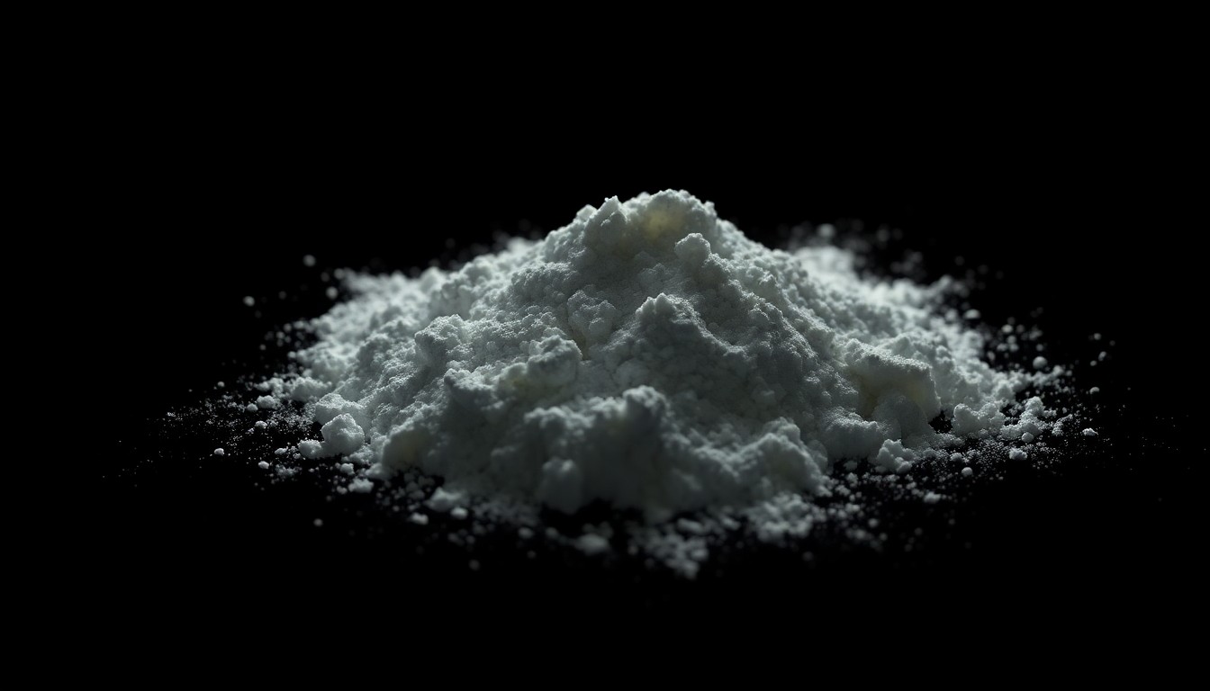 An extreme close-up photograph of a pile of white powder, possibly fentanyl or cocaine, lit by a harsh, direct camera flash against a pitch-black background, conceptually representing the dangerous drugs seized during this investigation.