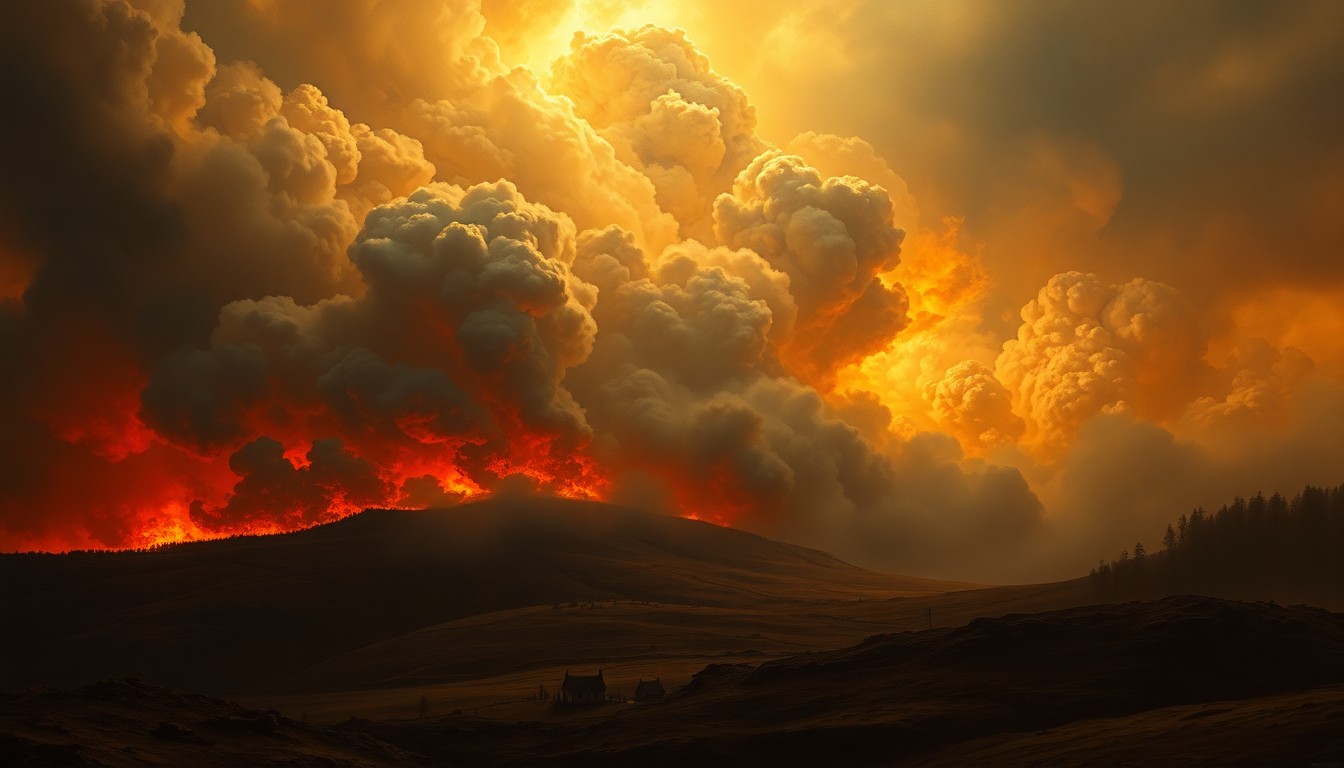 A vast, atmospheric landscape painting depicting a raging fire consuming several small houses in the distance, with thick, billowing smoke obscuring the scene and dwarfing the physical structures, conveying the overwhelming, sublime scale of the natural disaster.