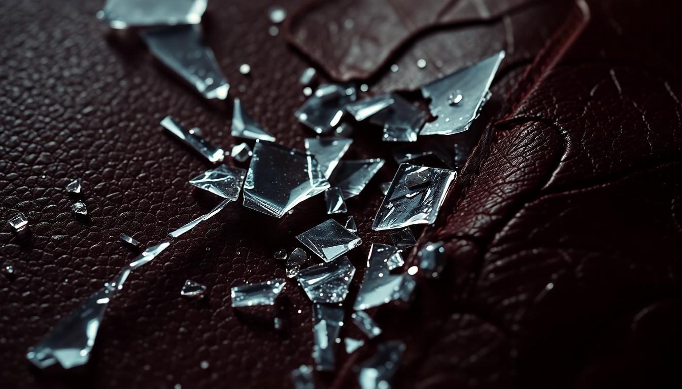 An extreme close-up of shattered glass and cracked leather textures, conceptually representing the emotional and legal challenges faced by public figures engaged in high-profile disputes.