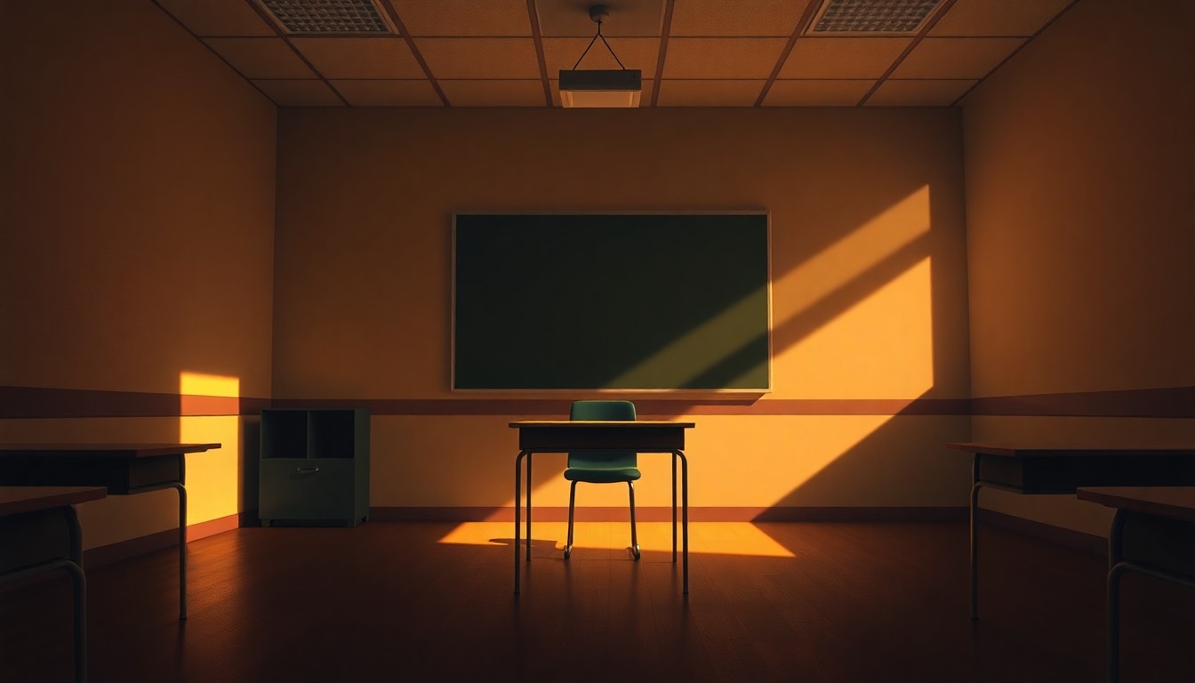 A serene, cinematic painting of an empty classroom desk in warm, golden light, conveying a sense of solitude and contemplation around a complex political issue.