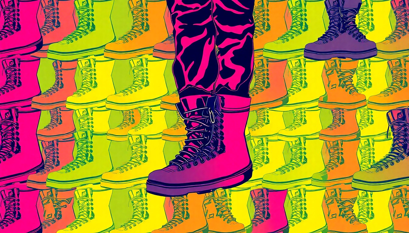 A grid of brightly colored, high-contrast silkscreen images of a pair of combat boots, conceptually representing the long military career of a soldier from a small town.