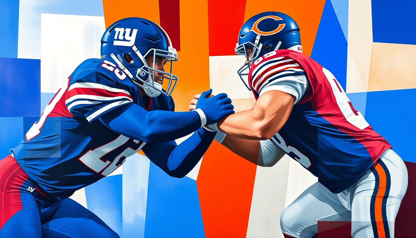 A cubist, geometric painting depicting an offensive lineman in the act of blocking, with sharp, overlapping planes of blue, red, and white representing the Giants and Bears colors.