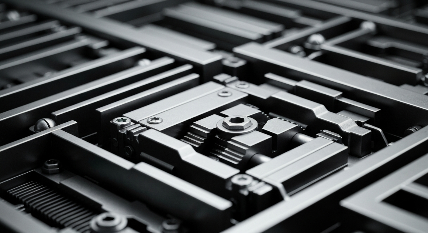 An extreme close-up of a complex array of metallic banking mechanisms and gears, conceptually representing the protective role of umbrella insurance against financial risks.