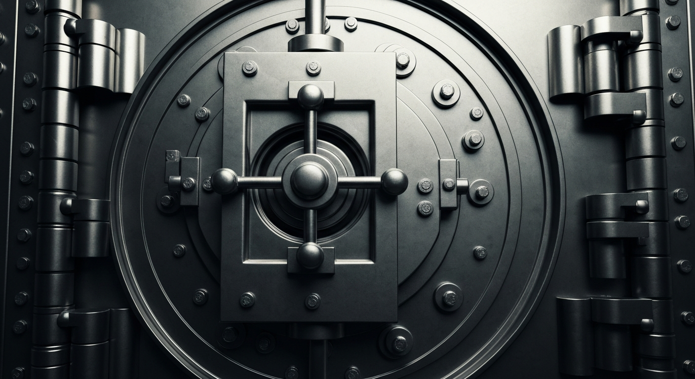 An extreme close-up of a highly detailed, gleaming metal bank vault door, its complex mechanisms and hinges filling the frame in a dramatic, cinematic composition that conveys a sense of institutional security and financial stability.
