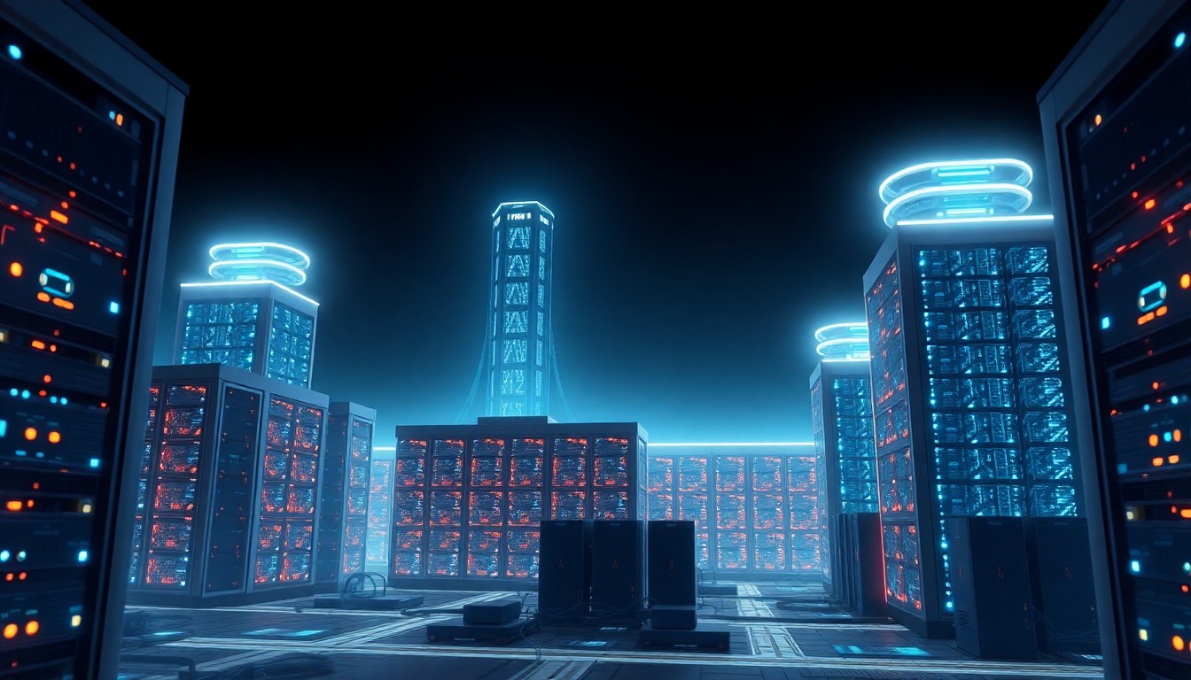 A conceptual 3D illustration featuring a glowing, high-tech data center campus with illuminated server racks, cooling towers, and fiber optic cables, representing the infrastructure behind the growing data center industry in Idaho.