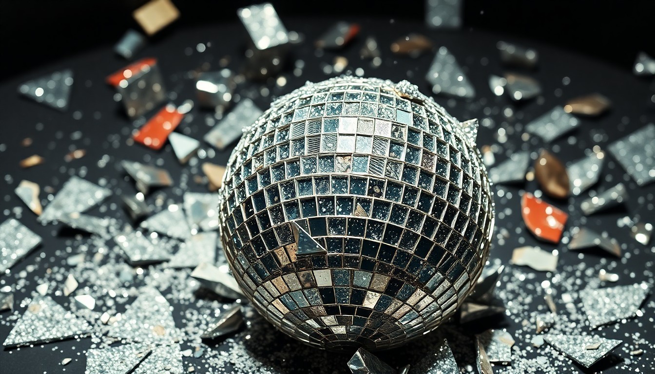 An abstract close-up photograph of shattered, glittering glass fragments in dramatic high-contrast lighting, conveying a sense of the corrupted glamour and empty spectacle of modern rap stardom.