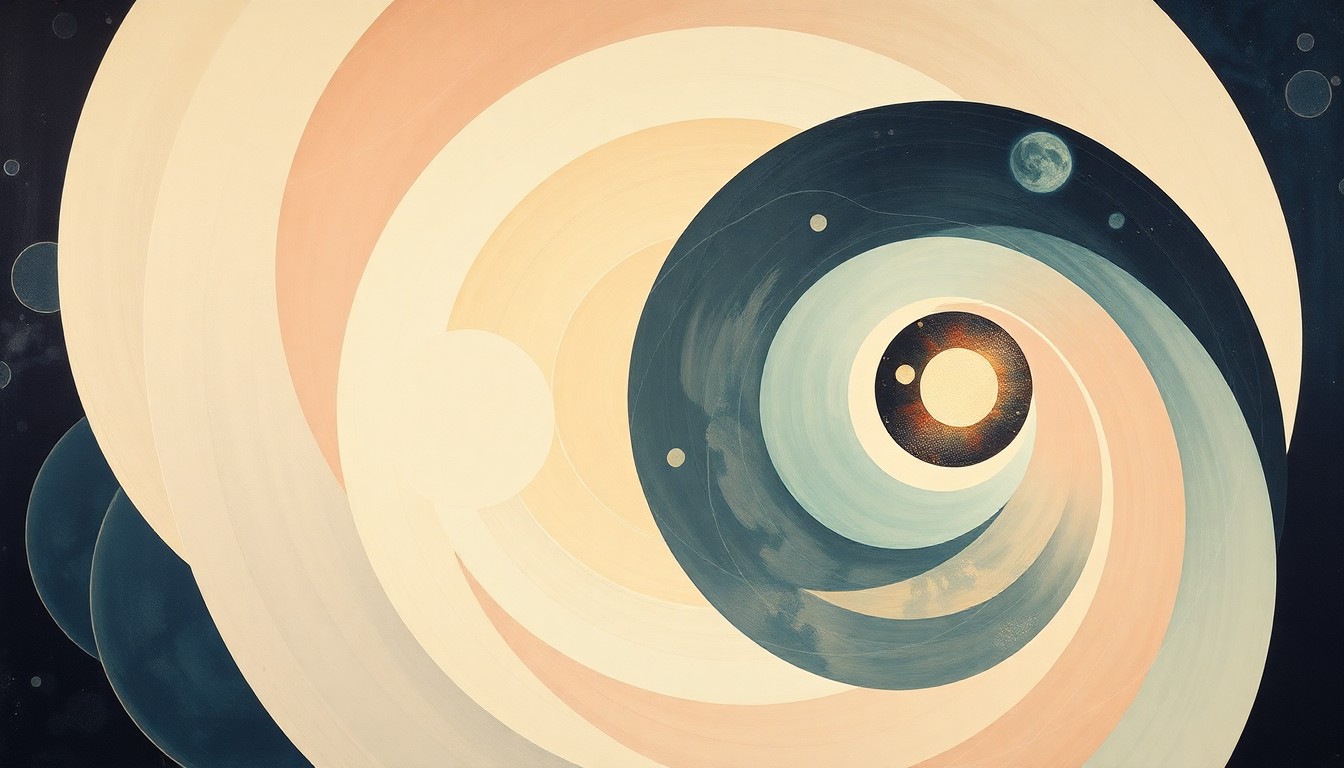 A bold, abstract painting in soft blues, greens, and reds featuring geometric shapes, concentric circles, and organic botanical forms, conceptually illustrating the complex natural systems that a new bipartisan bill seeks to document and leverage.