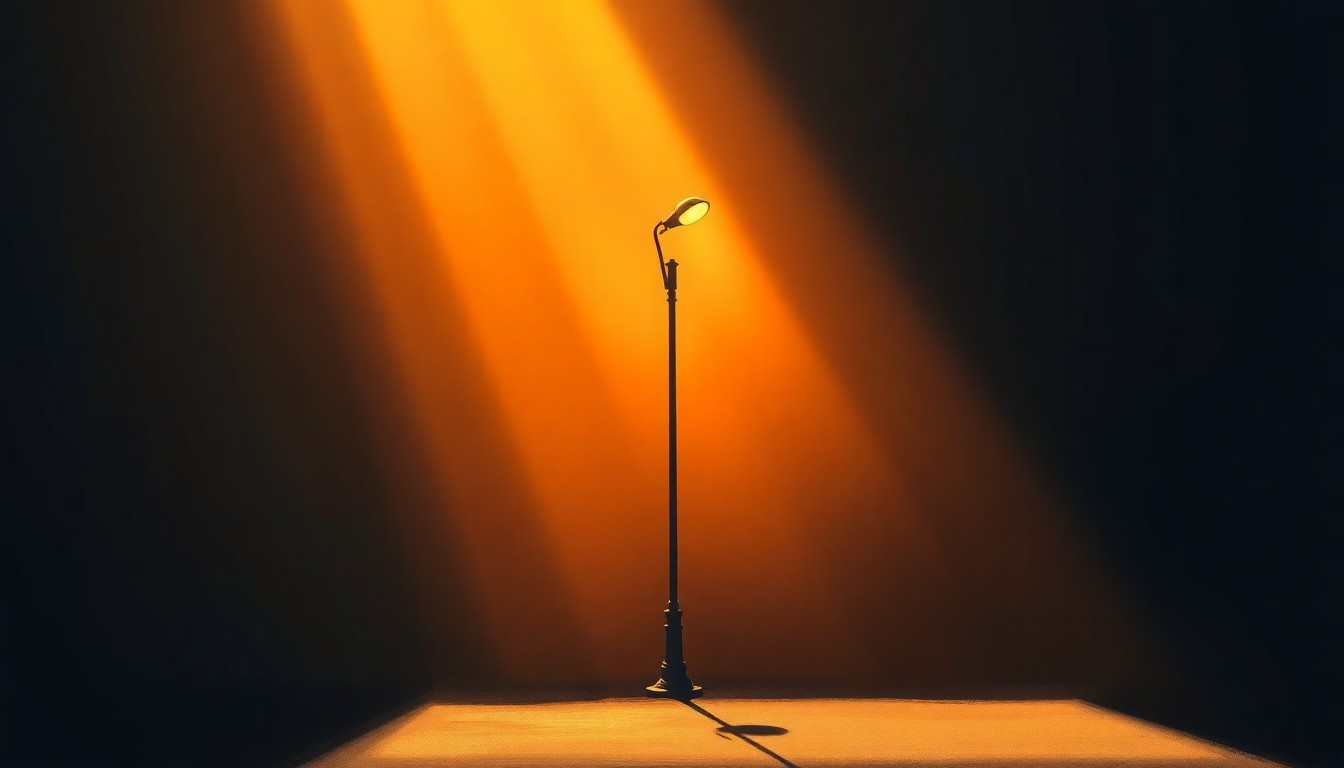 A serene, cinematic painting of a single Cuban street lamp glowing in the warm, angled sunlight, with deep shadows cast across the scene, conveying the economic challenges faced by the country under the U.S. embargo.