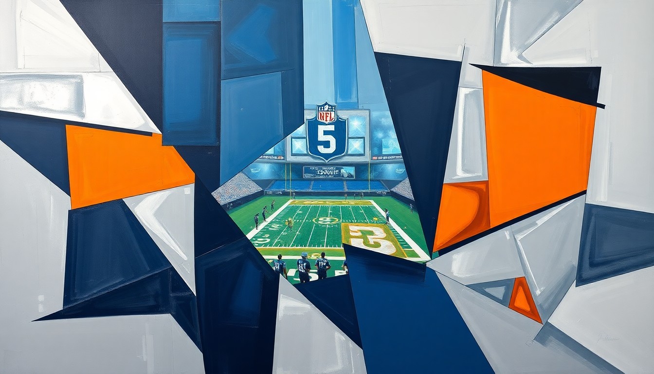 A fragmented, geometric painting depicting an abstract football scene, with sharp planes of navy, silver, and orange representing the Cowboys' focus on improving their defense in the draft.