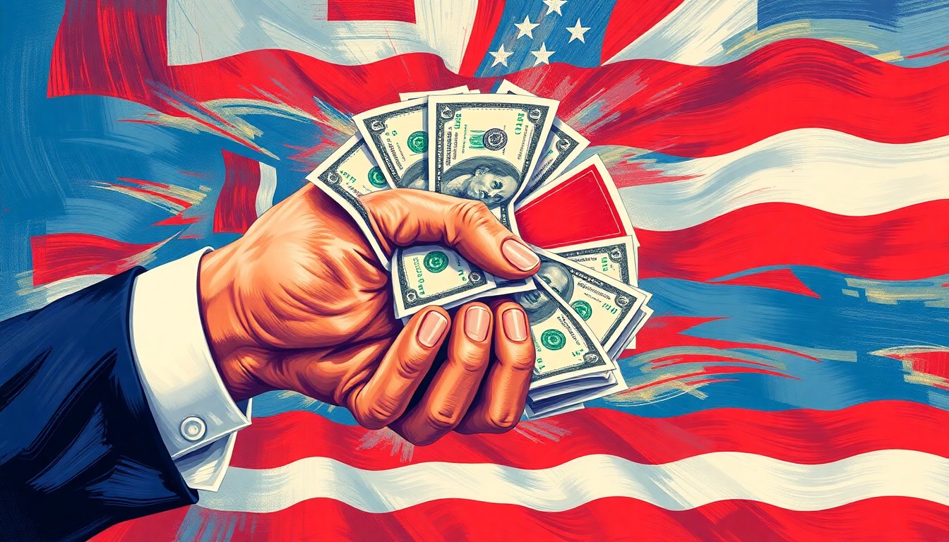 A conceptual illustration featuring overlapping, fractured geometric shapes in red, white, and blue, representing the dynamic flow of campaign cash into a high-stakes political race.