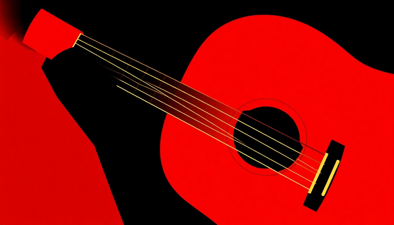 A striking abstract illustration featuring bold, jagged shapes in deep red, black, and golden yellow, conveying the soulful energy of Spanish classical music without any text or literal imagery.