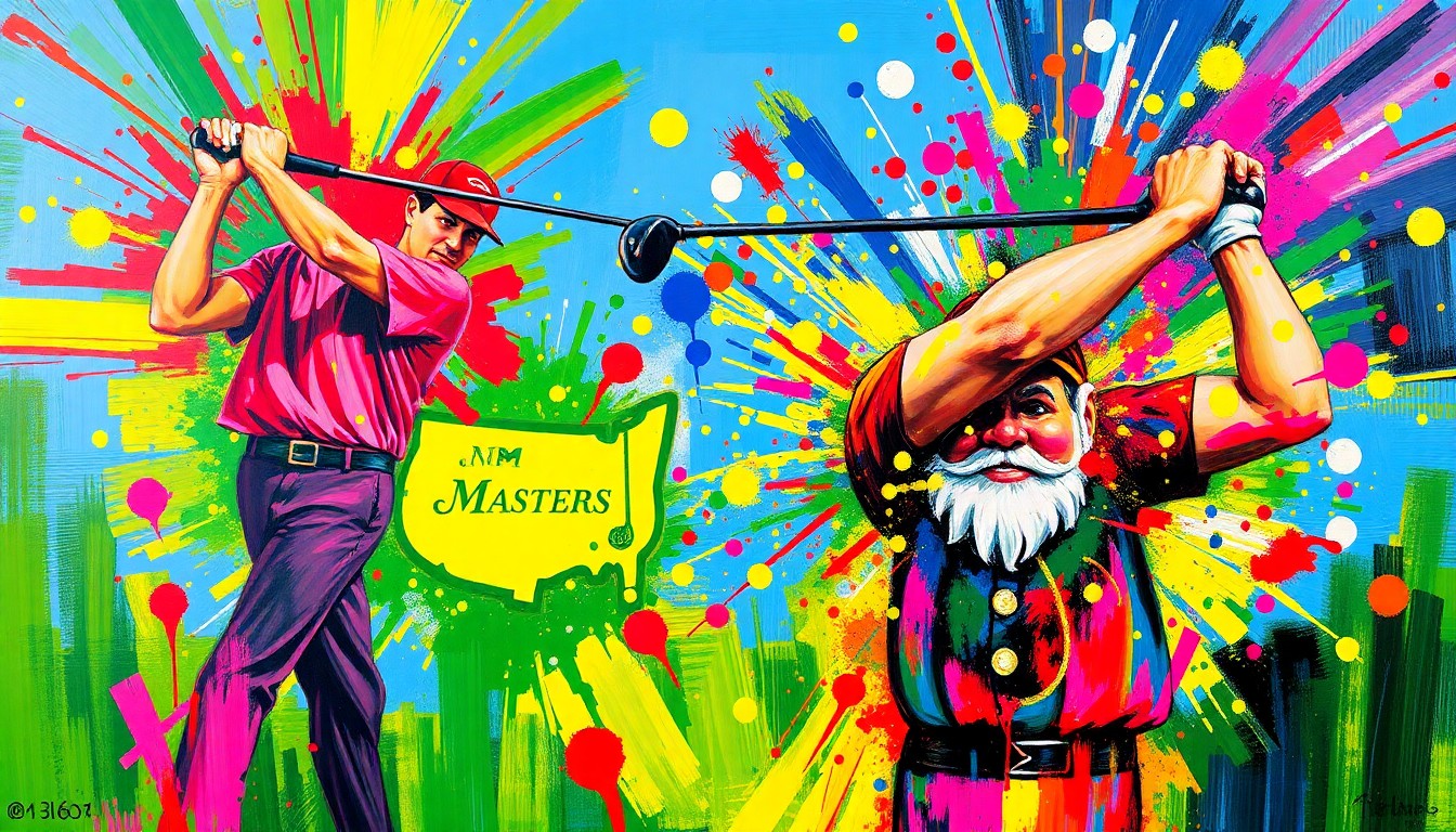 An abstract, energetic painting featuring vibrant brushstrokes of neon colors, representing the motion and energy of a golf swing, with the Masters logo and a gnome figurine dissolving into the expressive composition.