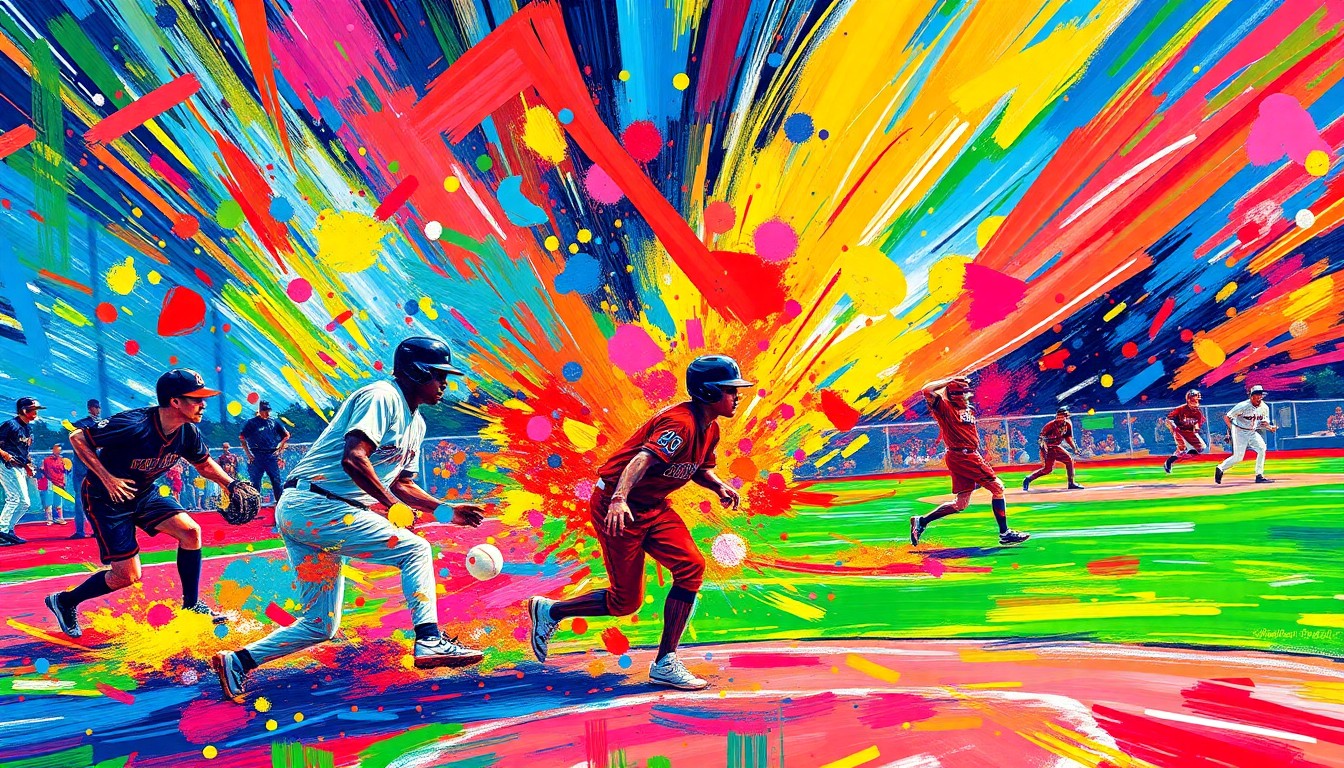 An abstract, energetic painting in neon colors depicting the motion and energy of a high school baseball or softball game, with players and the field blending into vibrant, expressive brushstrokes.