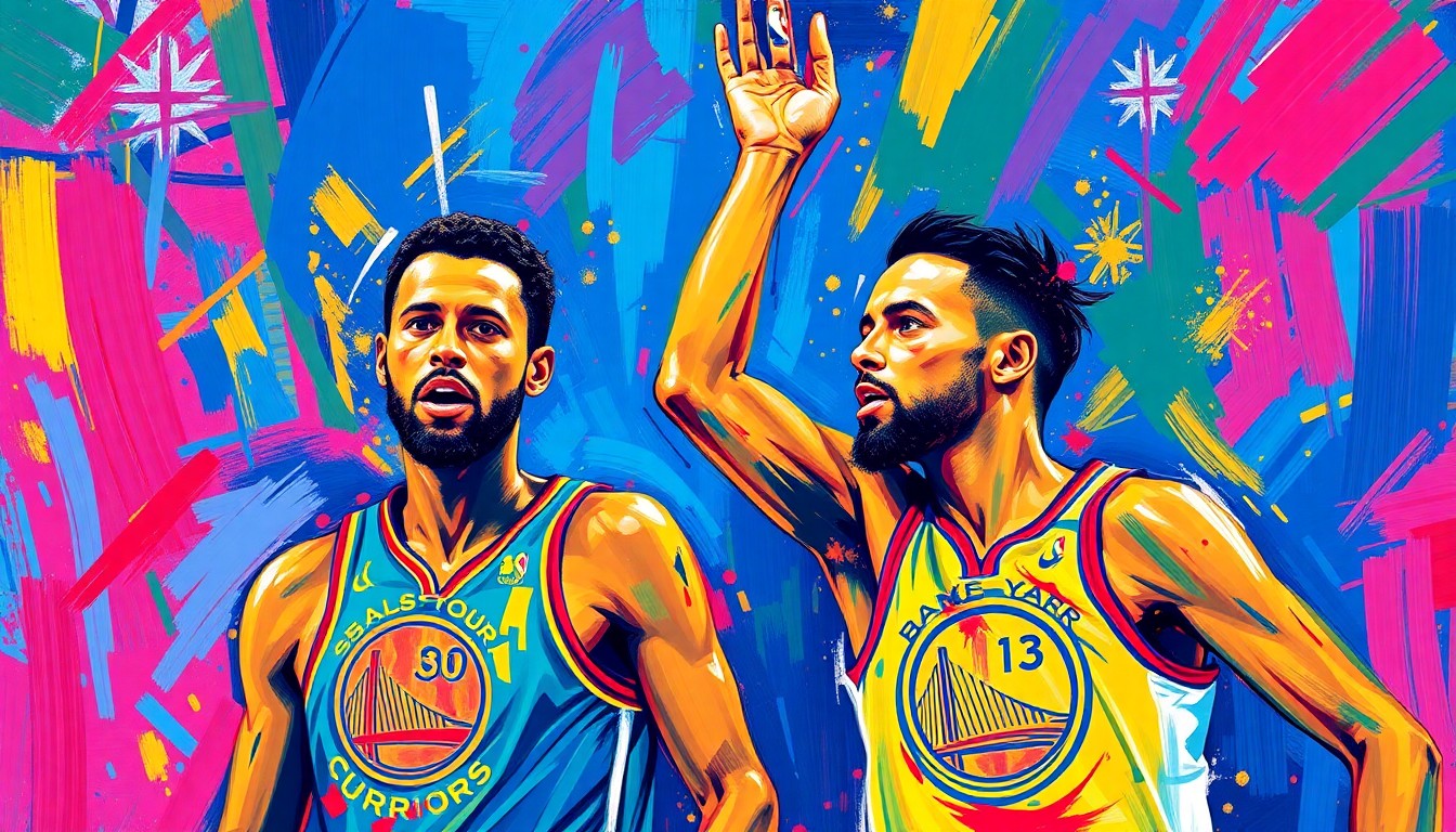 An abstract painting with bold, neon-colored brushstrokes that capture the dynamic movement and intensity of a basketball game, representing the historic first matchup between NBA stars Steph and Seth Curry.