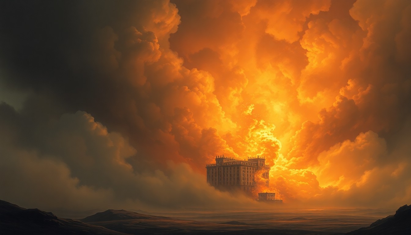 A vast, majestic landscape painting depicting a raging fire consuming a multi-story building in the distance, with billowing smoke obscuring the details and dwarfing the structure, conveying the overwhelming, sublime power of the natural disaster.