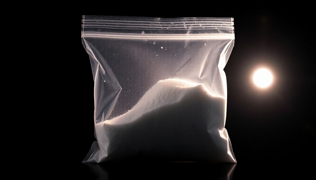 An extreme close-up photograph of a small plastic bag containing white crystalline powder, lit by a harsh, direct camera flash against a pitch-black background, conceptually representing the drugs seized during a recent traffic stop.