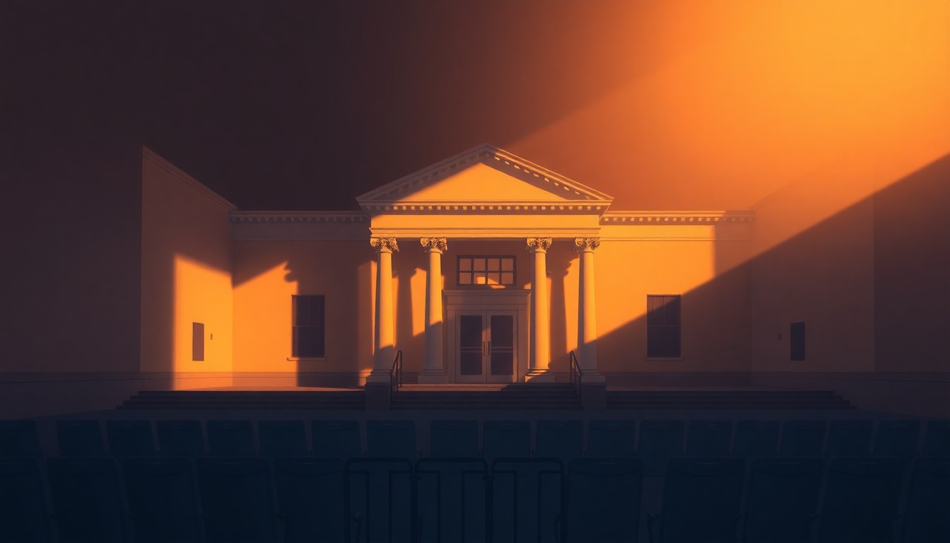 A realistic painting of an old county courthouse building in warm, golden light, with deep shadows cast across the facade, conveying a sense of civic duty and community governance.