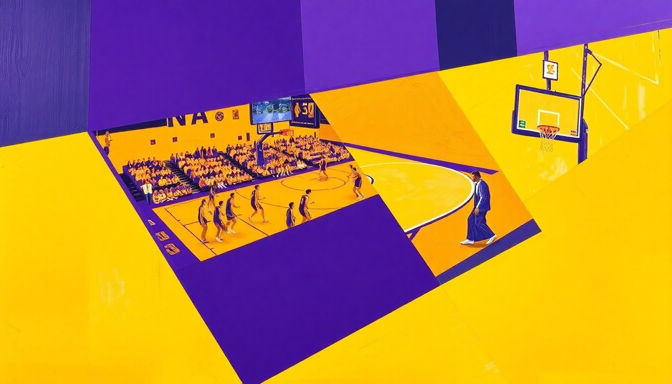 A cubist, geometric painting depicting the dynamic movements and energy of a women's basketball game, with sharp planes of purple and gold colors overlapping to create a sense of motion and competition.