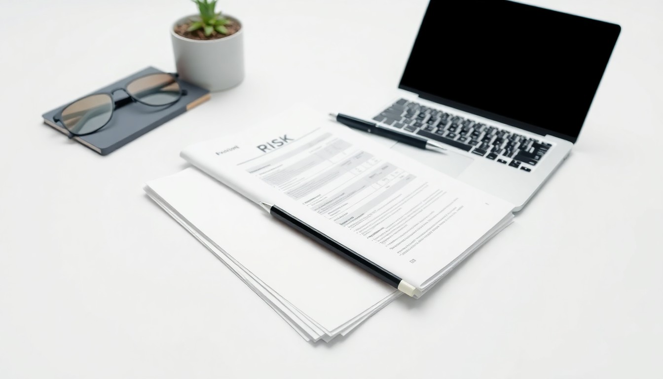 A photorealistic studio still life featuring a stack of business documents, a pen, and a laptop computer arranged elegantly on a clean, white background, conceptually representing the abstract corporate strategy and legal disputes at the heart of this story.
