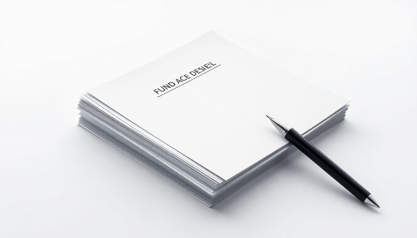 A photorealistic studio still life featuring a stack of official documents and a pen on a clean, monochromatic background, conceptually representing a corporate financial decision.