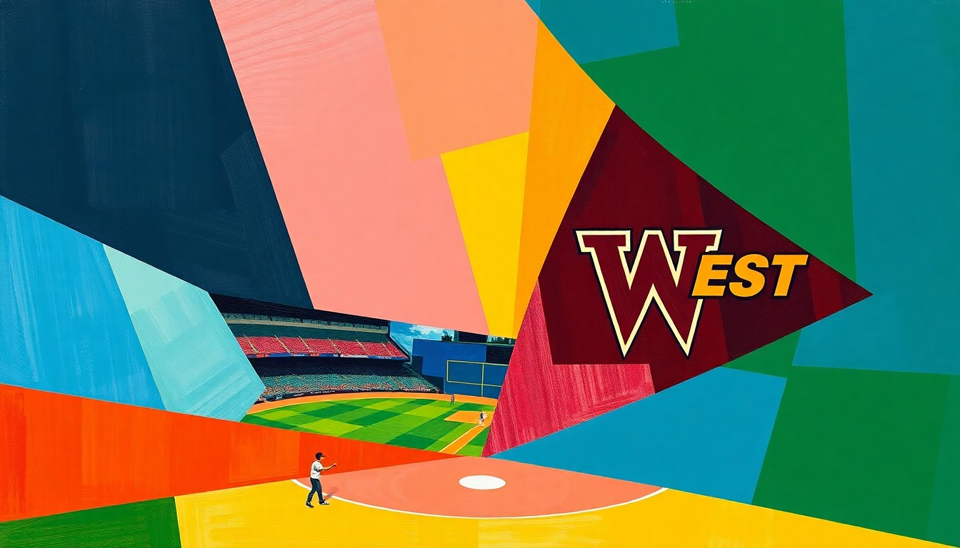 A fragmented, geometric painting in the style of Pablo Picasso, using sharp planes of the official team colors of Plano East and Plano West High Schools to conceptually represent the intensity of a high school baseball game.